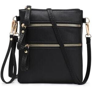 Black Faux Leather Crossbody – Gold Zipper Detail, Compact & Stylish